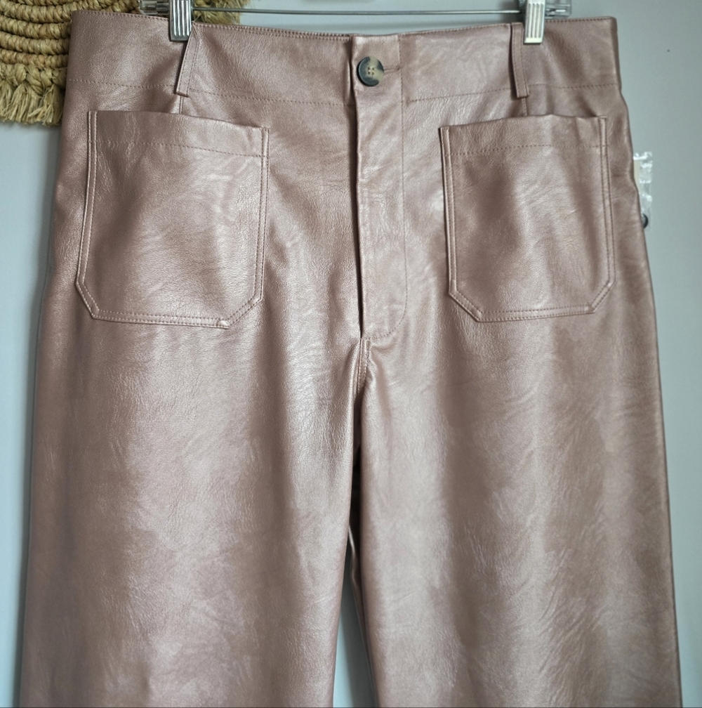 Anthropologie New Maeve Colette Coated Pink Faux Leather Wide Leg Pants SZ 33 - Picture 4 of 11